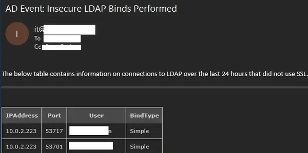 Insecure LDAP Bind Notifications